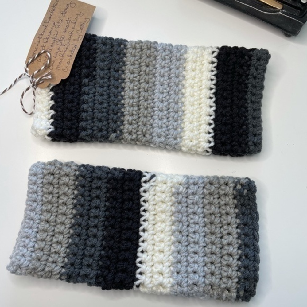 Fingerless Gloves Black White & Gray OSFM Striped Extra Warm HandCrafted
